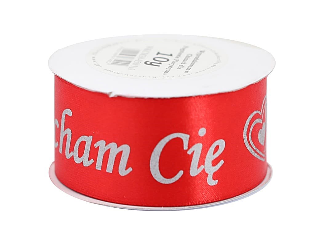 Wstążka Kocham Cię metal, 50mm/9mb czerwona/srebro