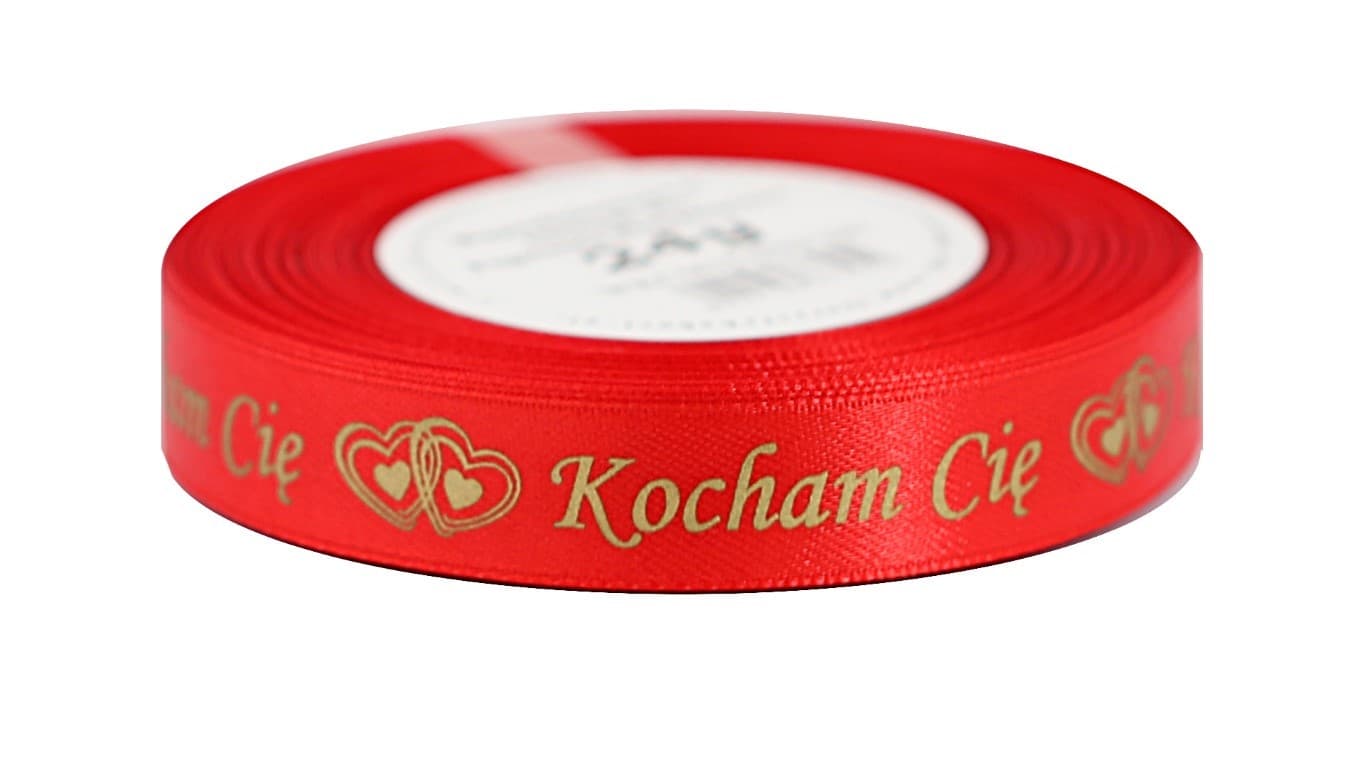 Wstążka Kocham Cię metal, 15mm/22mb czerwona/złoto