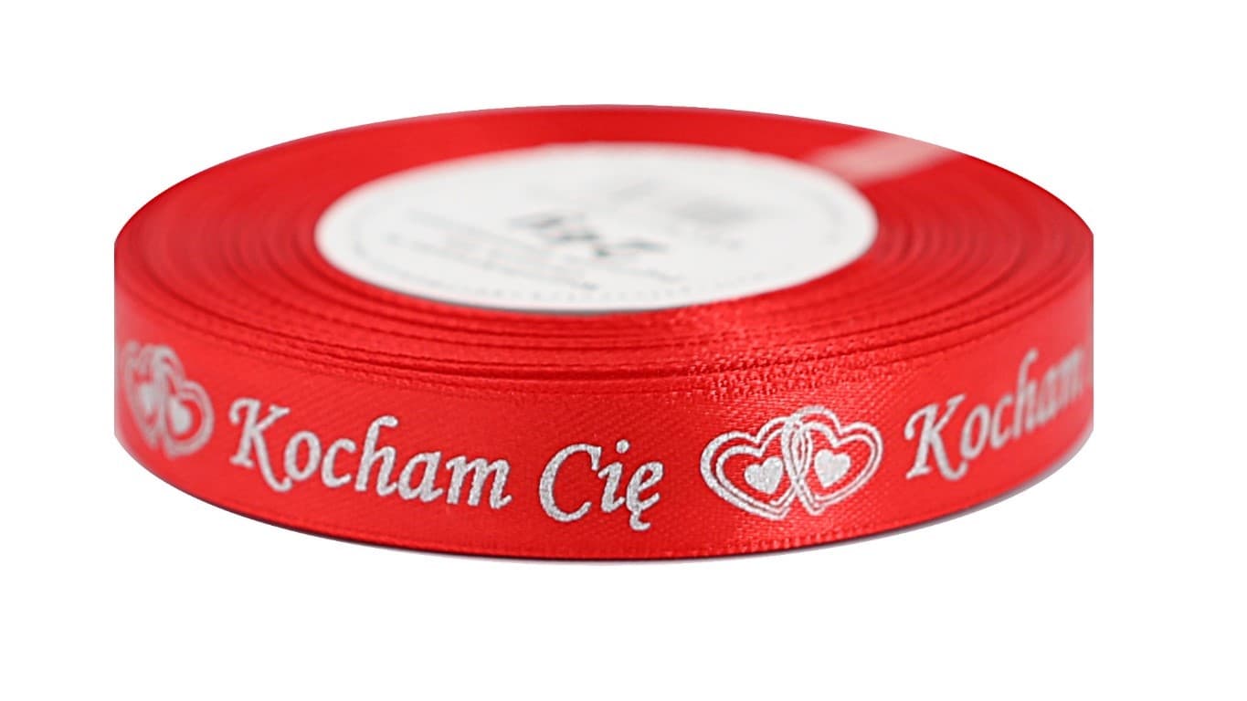 Wstążka Kocham Cię metal 15mm/22mb czerwona/srebro