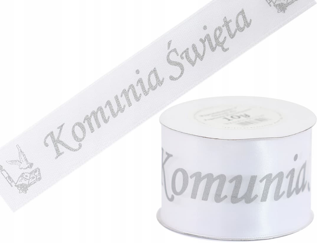 Wstążka Komunia Św. metal, 50mm/9mb biała/srebro