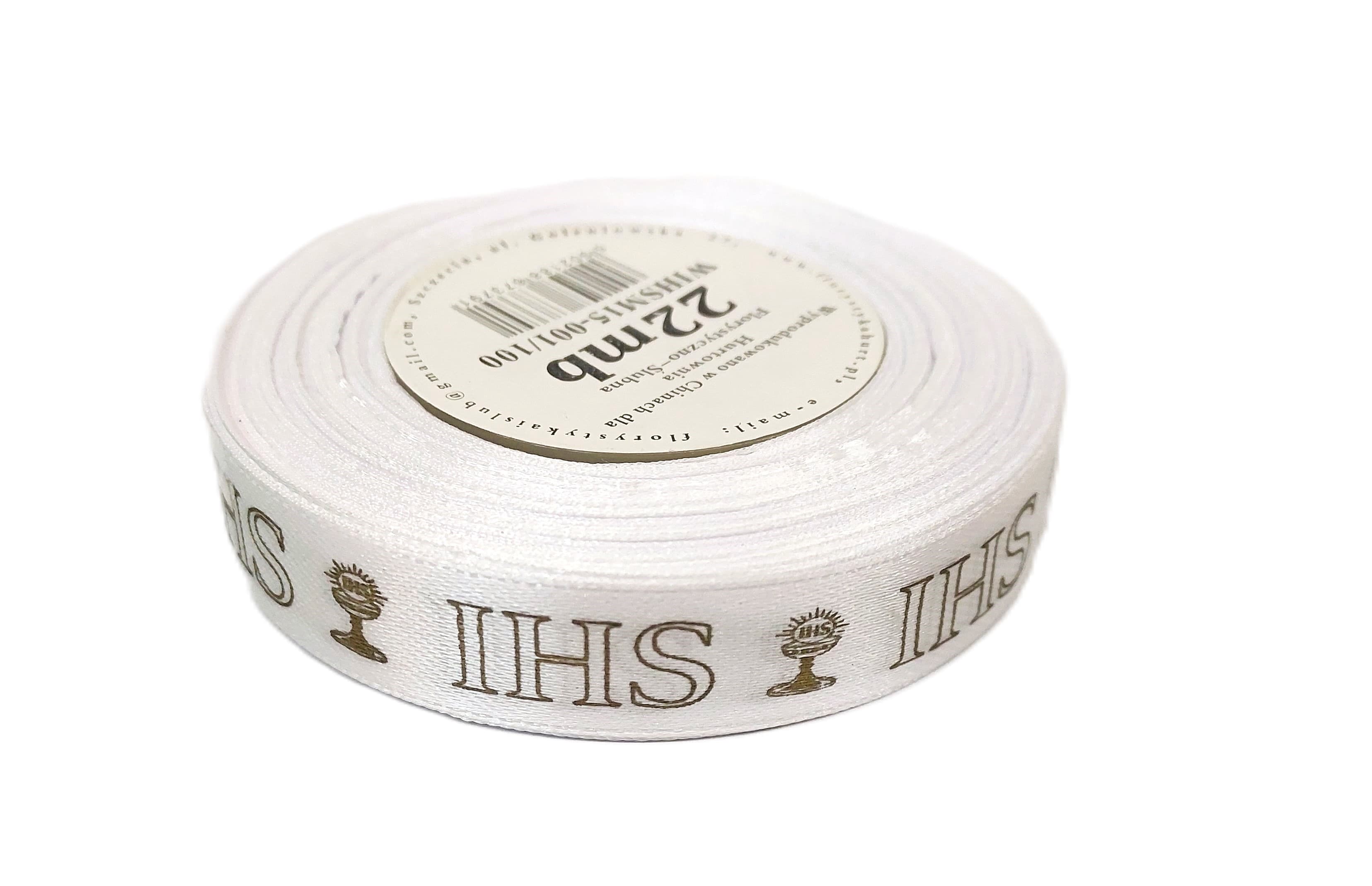 Wstążka satynowa IHS metal, 15mm/22mb biała/złoto