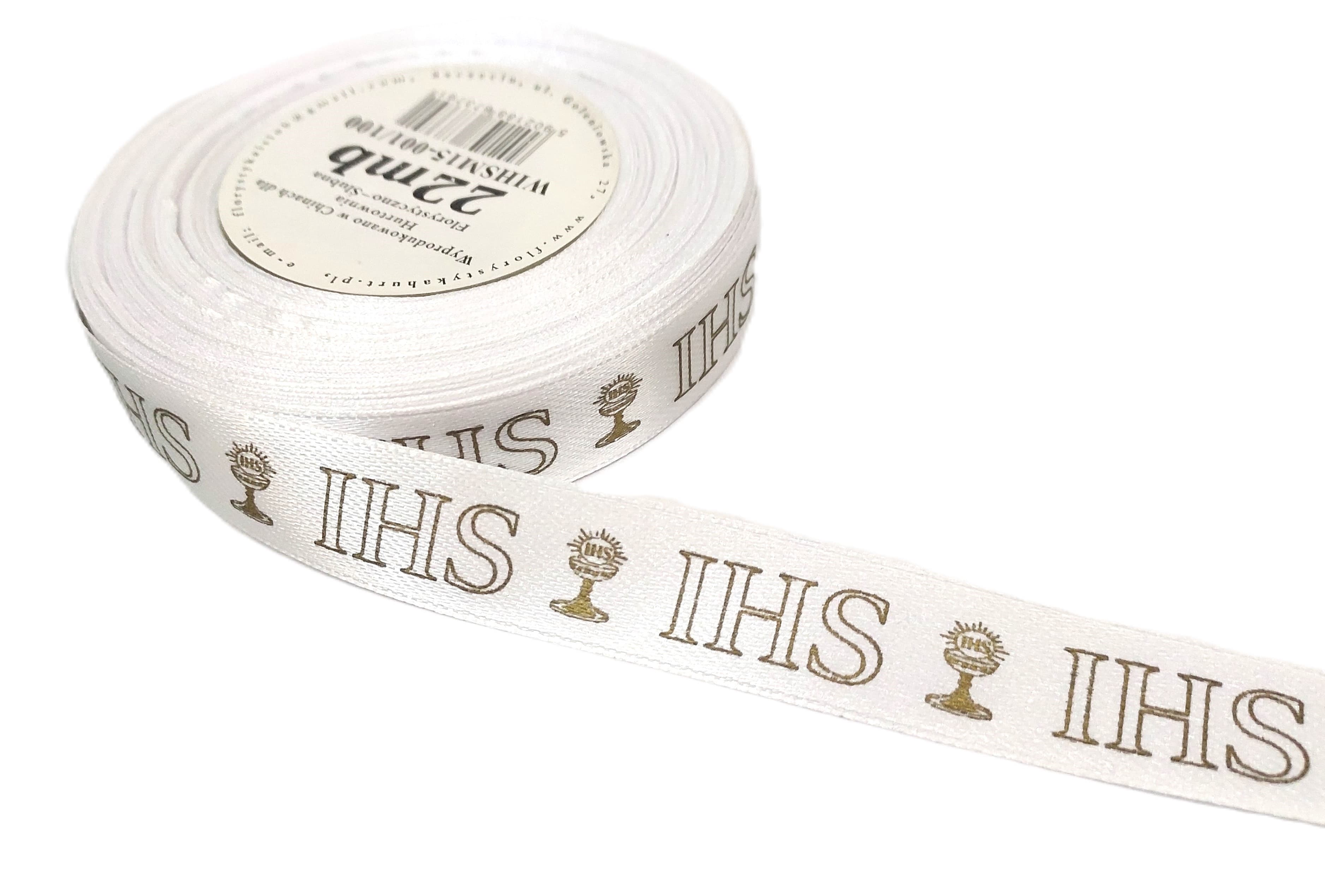 Wstążka satynowa IHS metal, 15mm/22mb biała/złoto