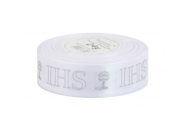 Wstążka satynowa IHS metal, 25mm/22mb biała/srebro