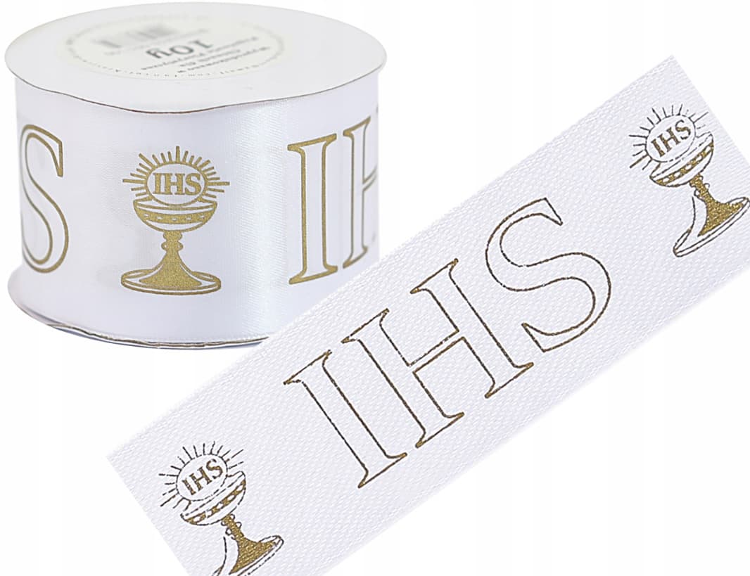 Wstążka satynowa IHS metal, 50mm/9mb biała/złoto