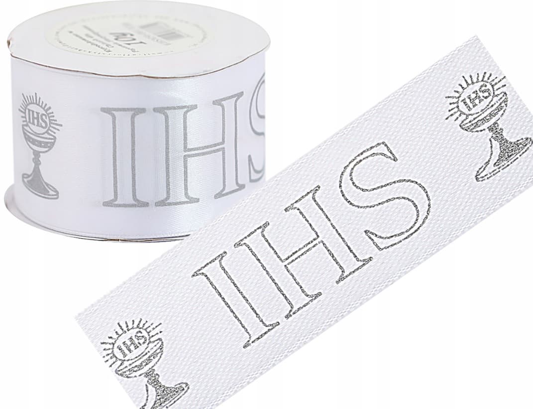 Wstążka satynowa IHS metal, 50mm/9mb biała/srebro