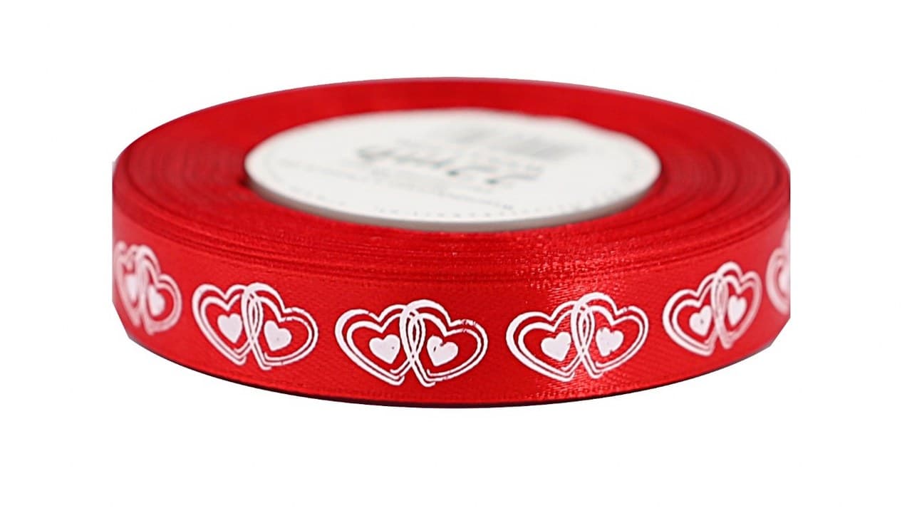Wstążka satynowa w serca 15mm/22mb, czerwona