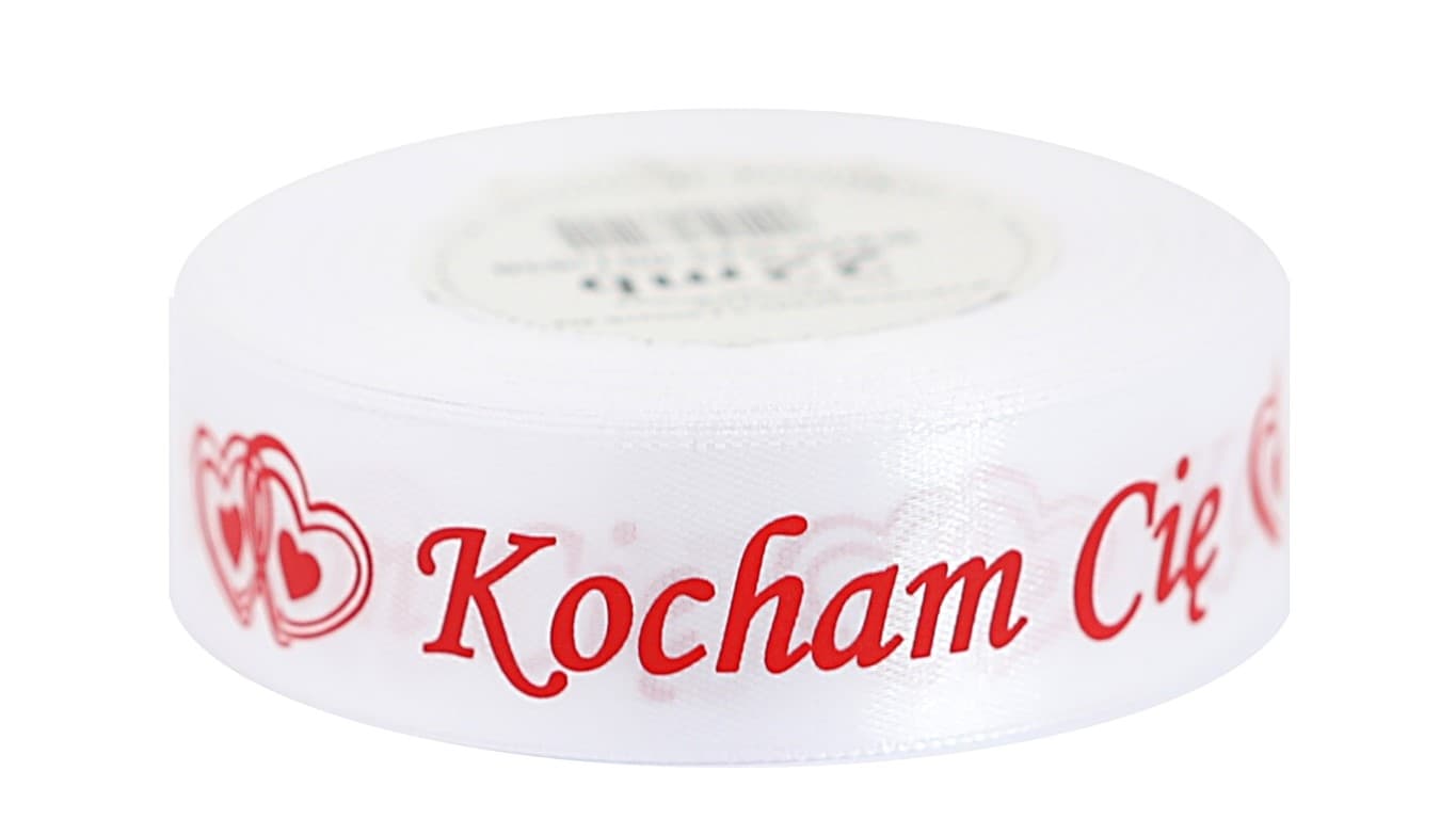 Wstążka Kocham Cię, 25mm/22mb, biała/czerwona