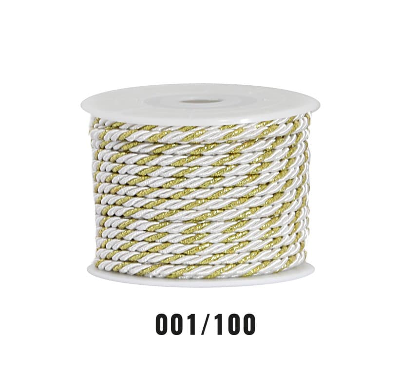 Sznur atłasowy skręcany, 3mm/10y, biało/złoty