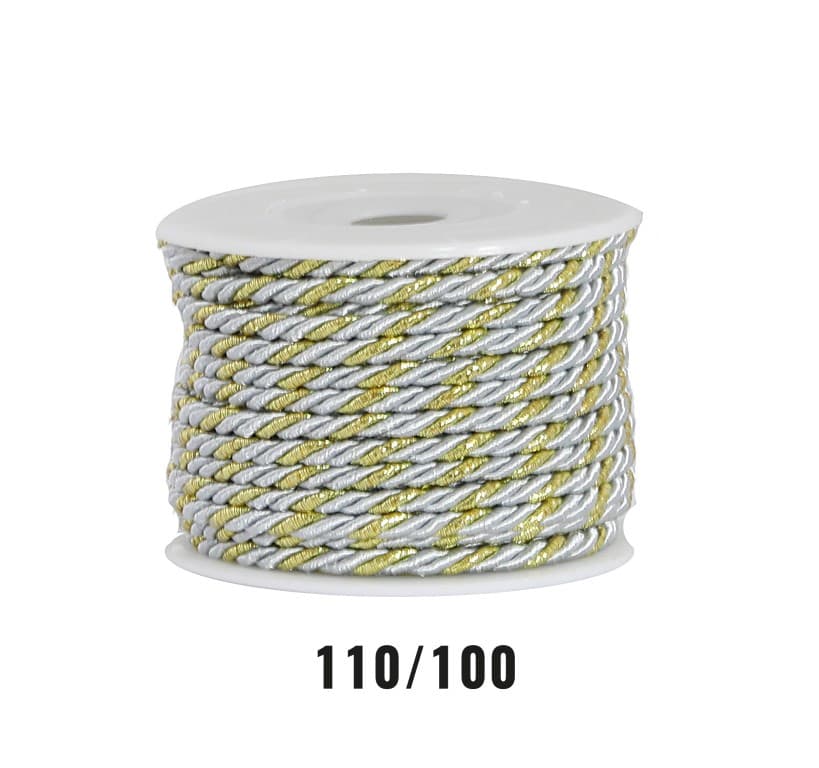 Sznur atłasowy skręcany, 3mm/10y, srebrny/złoty