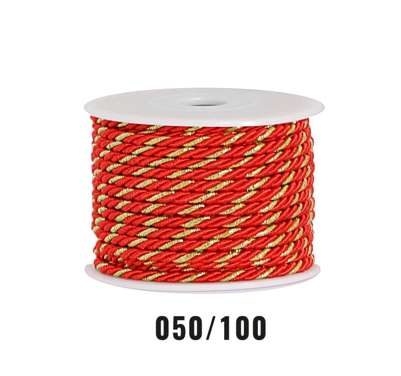 Sznur atłasowy skręcany, 3mm/10y, czerwony/złoty