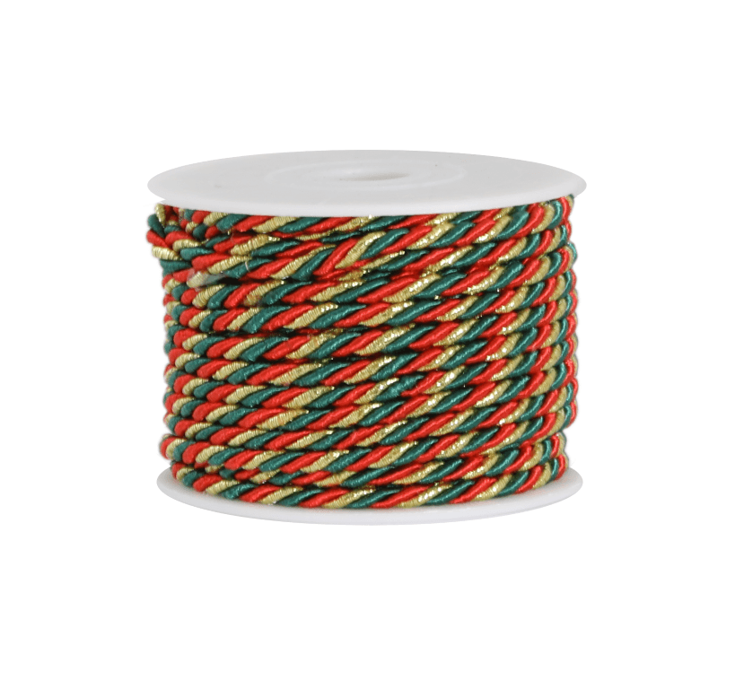 Sznur atłasowy, 3mm/10y, czerwony/zielony/złoty