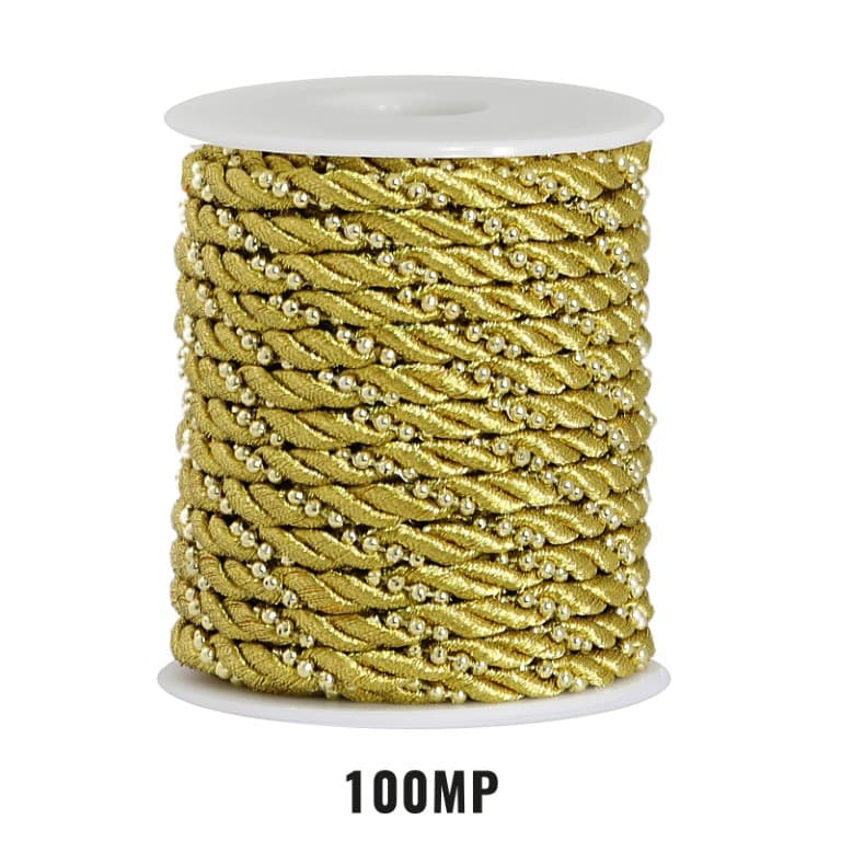 Sznur atłasowy z perełkami, 5mm/10y, złoty/złoty