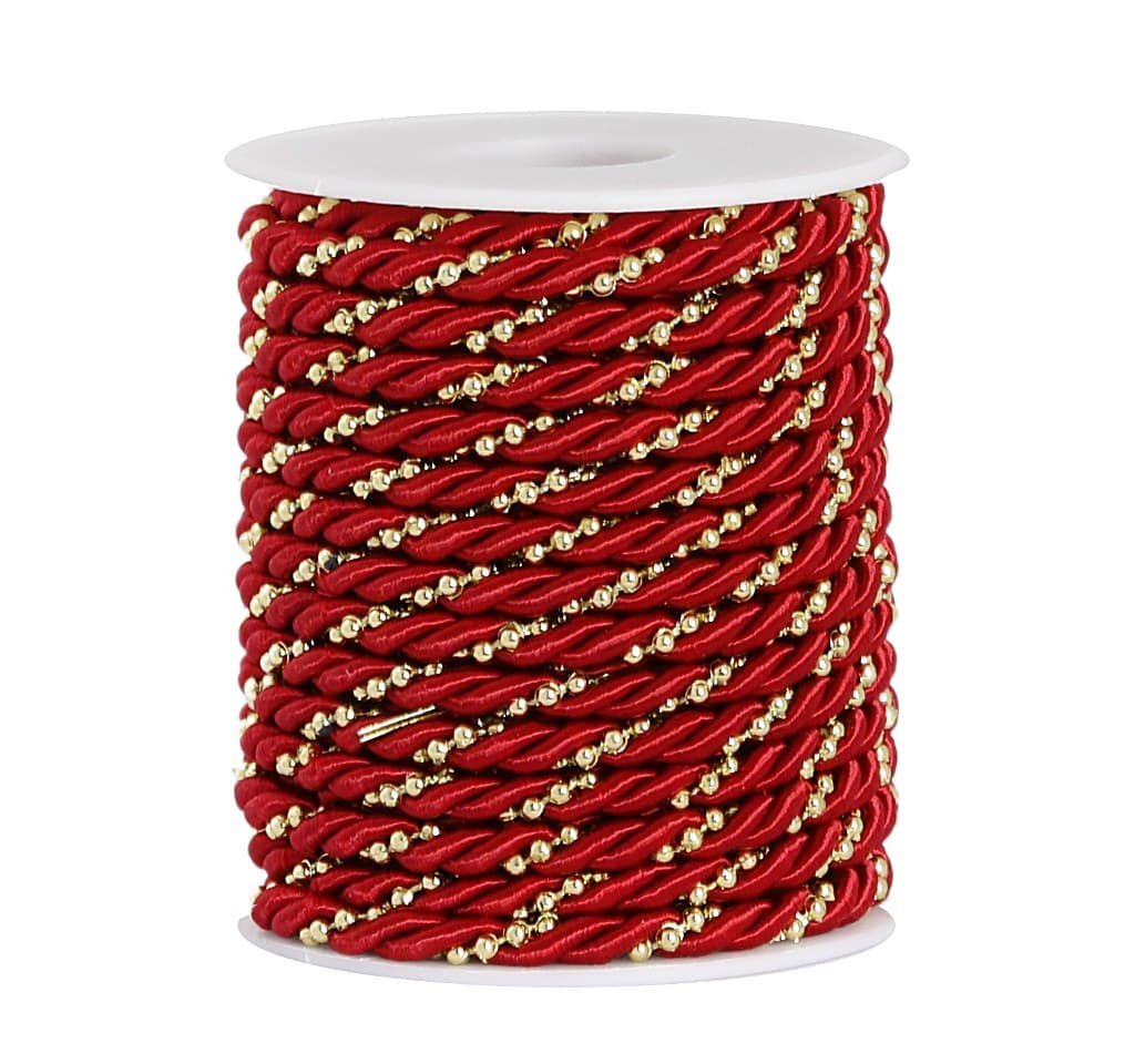 Sznur atłasowy z perełkami, 5mm/10y, czerwony