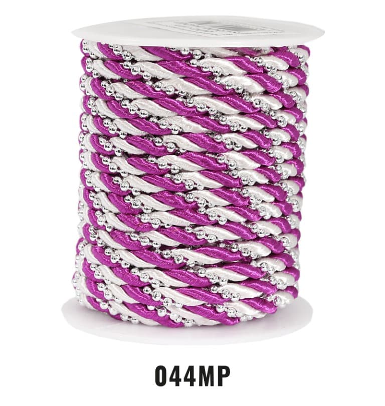 Sznur atłasowy z perełkami, 5mm/10y, fuksja