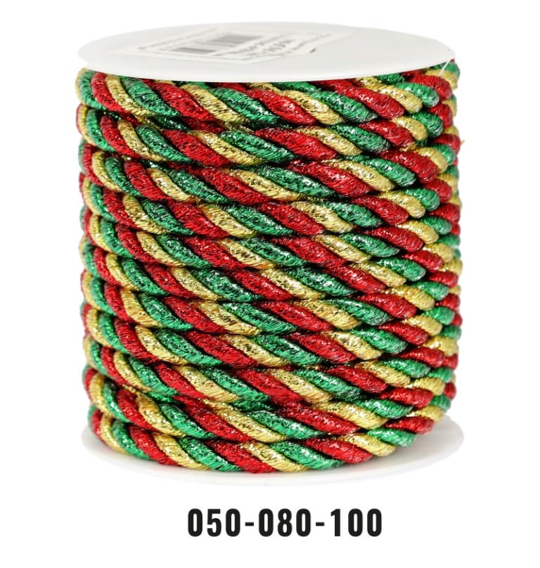 Sznur atłas metal, 6mm/10y, czerwony/zielony/złoty