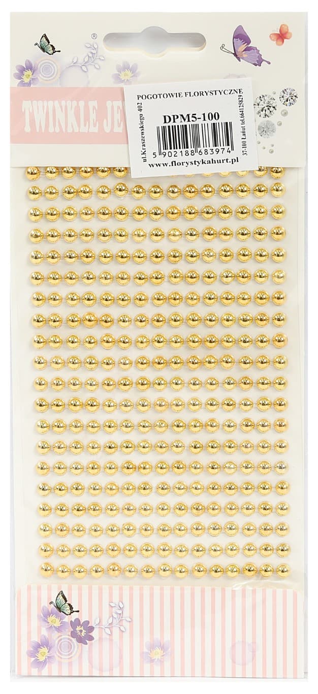 Dżety samoprzylepne perły metal, 5mm/330szt, złote