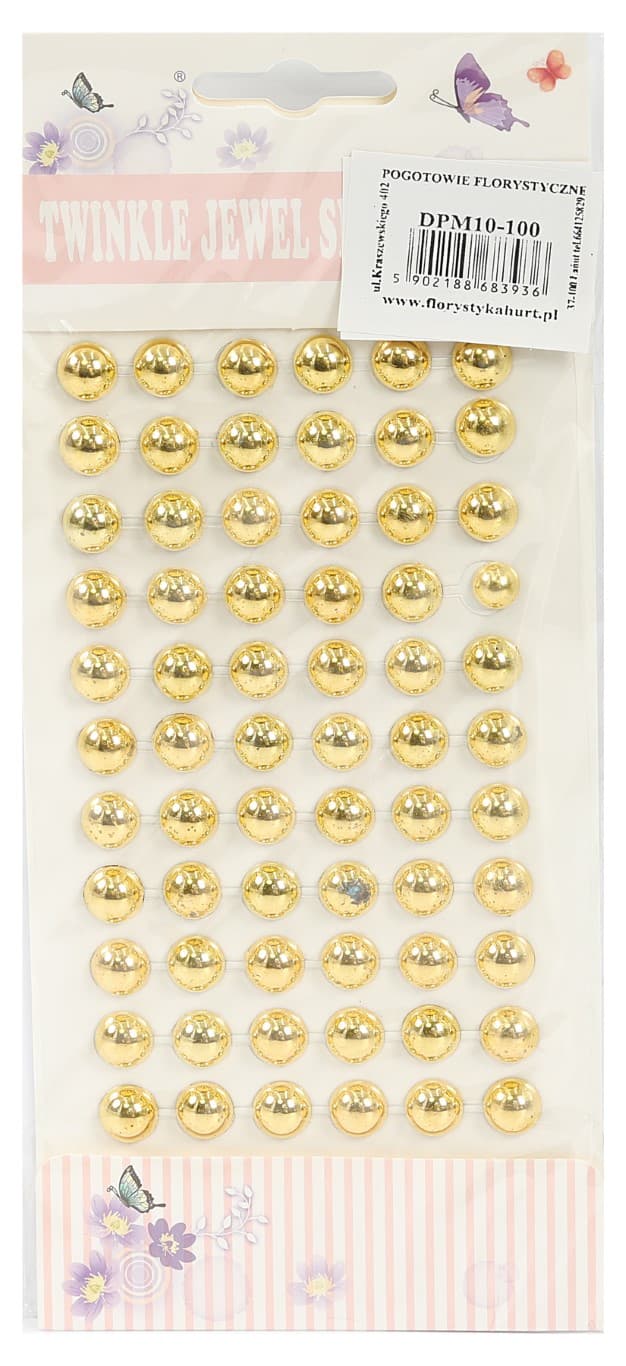 Dżety samoprzylepne perły metal, 10mm/66szt, złote