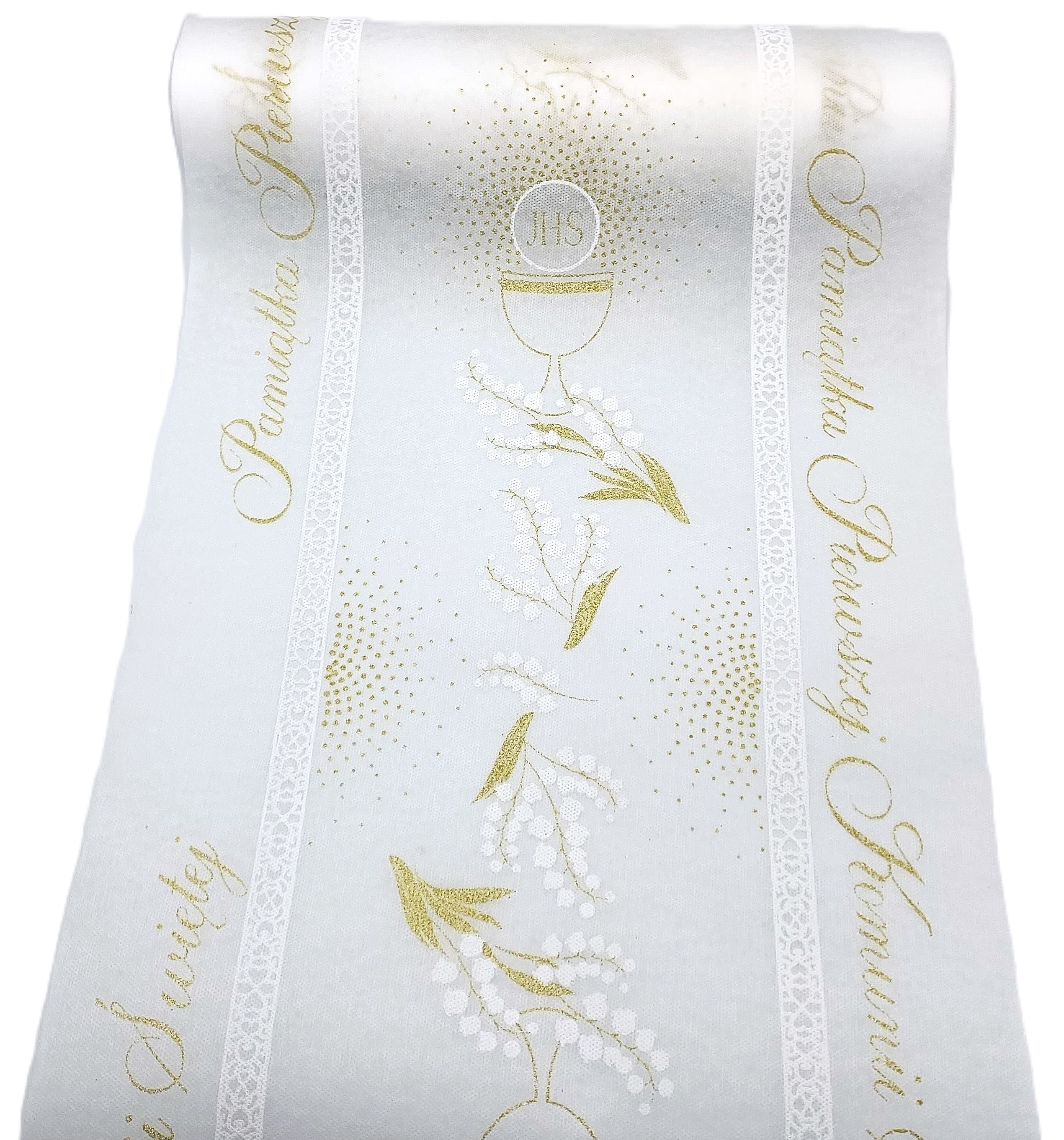 Bieżnik obrus IHS na komunię, 35cm/5mb, złocony