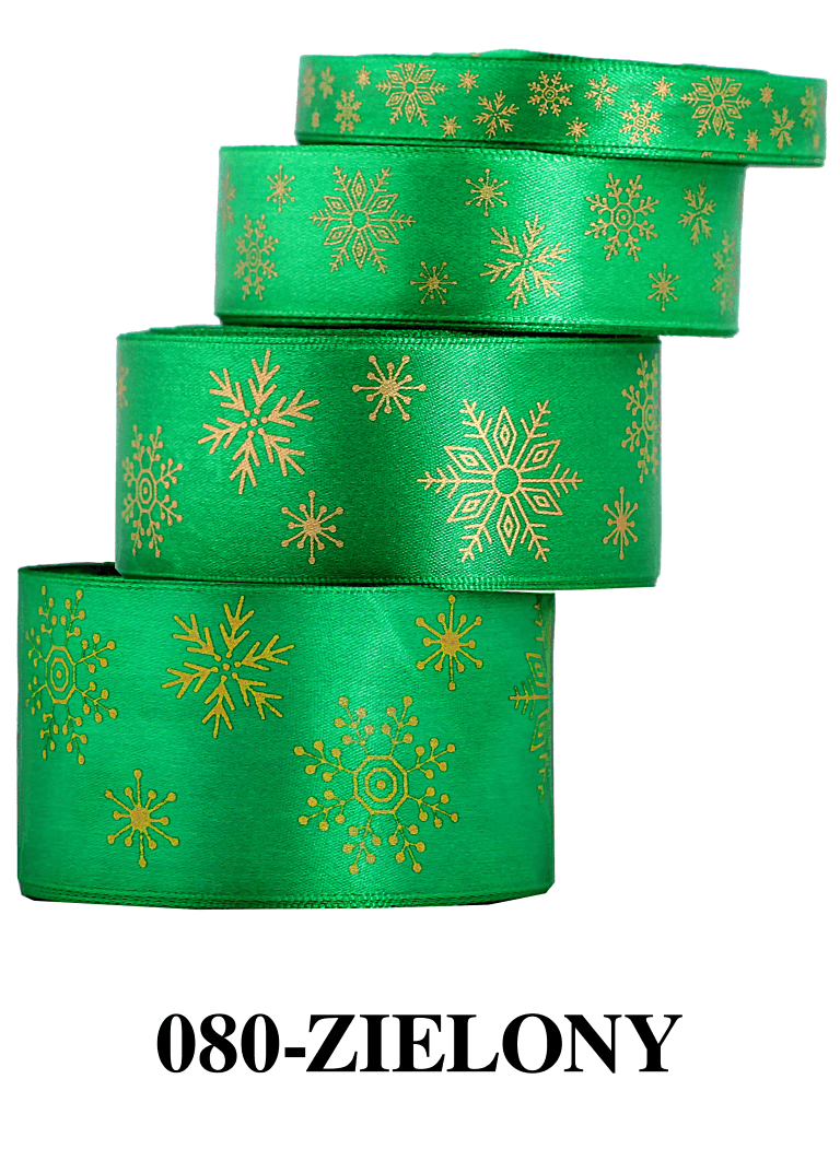 Wstążka w śnieżynki metalizowane 38mm/9mb, zielona