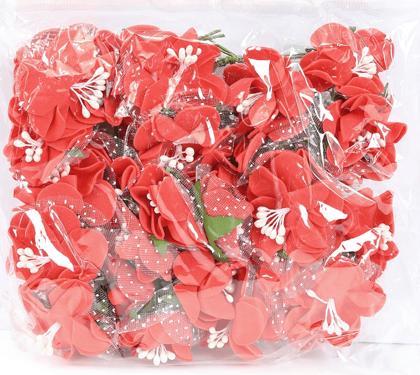 Piankowe kwiaty z pręcikami, śr.4cm/6szt, czerwone