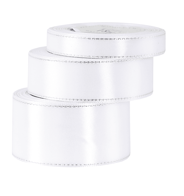 Wstążka satynowa srebrne pasy, 6mm/18mb, biała