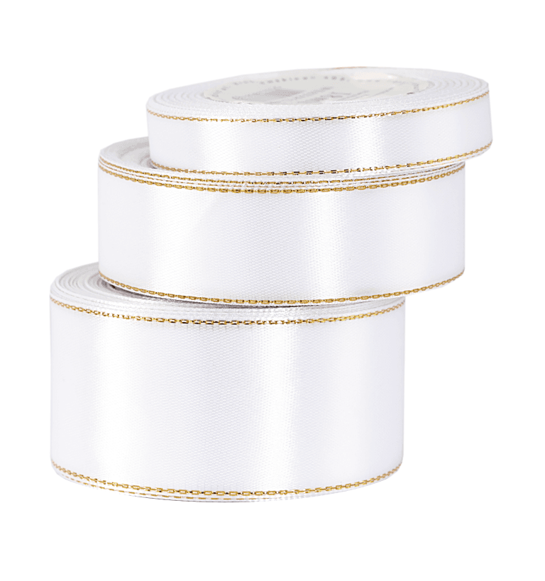Wstążka satynowa złote pasy, 25mm/18mb, biała