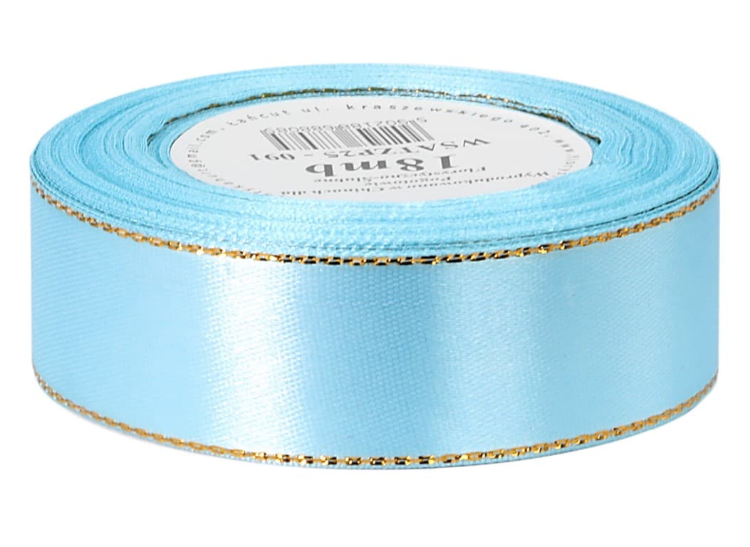 Wstążka satynowa złote pasy, 25mm/18mb, błękitna