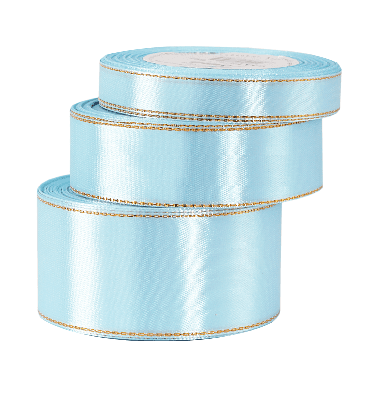 Wstążka satynowa złote pasy, 25mm/18mb, błękitna