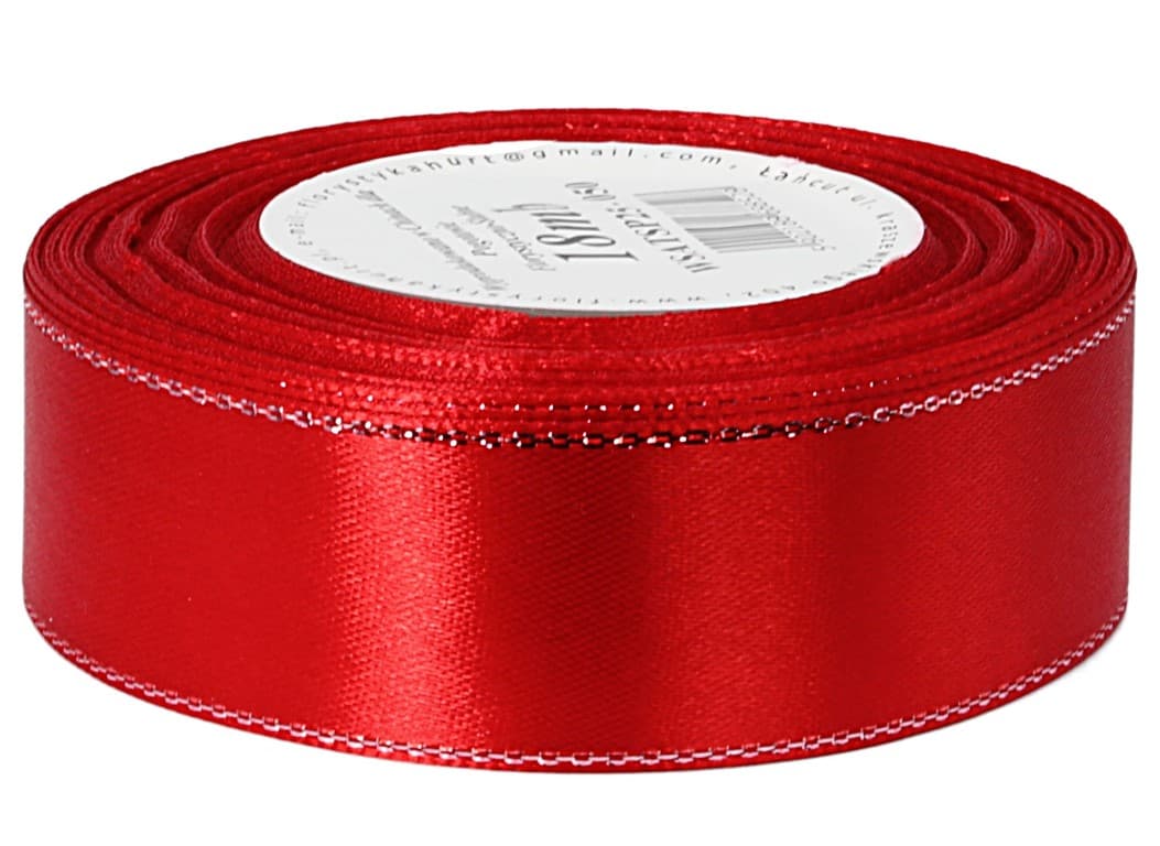 Wstążka satynowa srebrne pasy, 25mm/18mb, czerwona