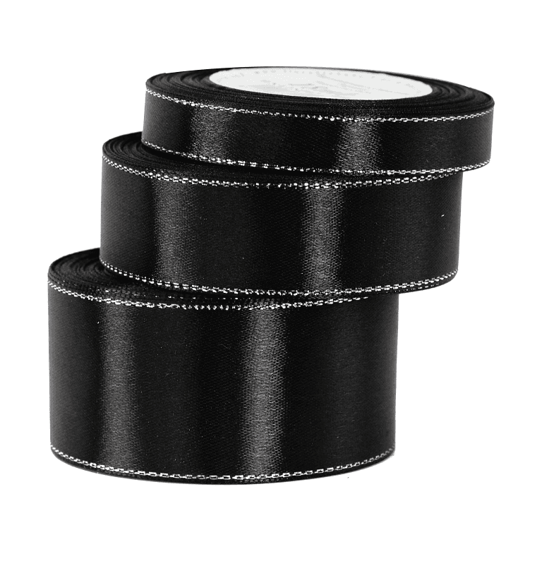 Wstążka satynowa srebrne pasy 25mm/18mb, czarna