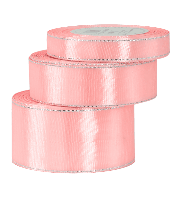 Wstążka satynowa srebrne pasy 12mm/18mb średni róż