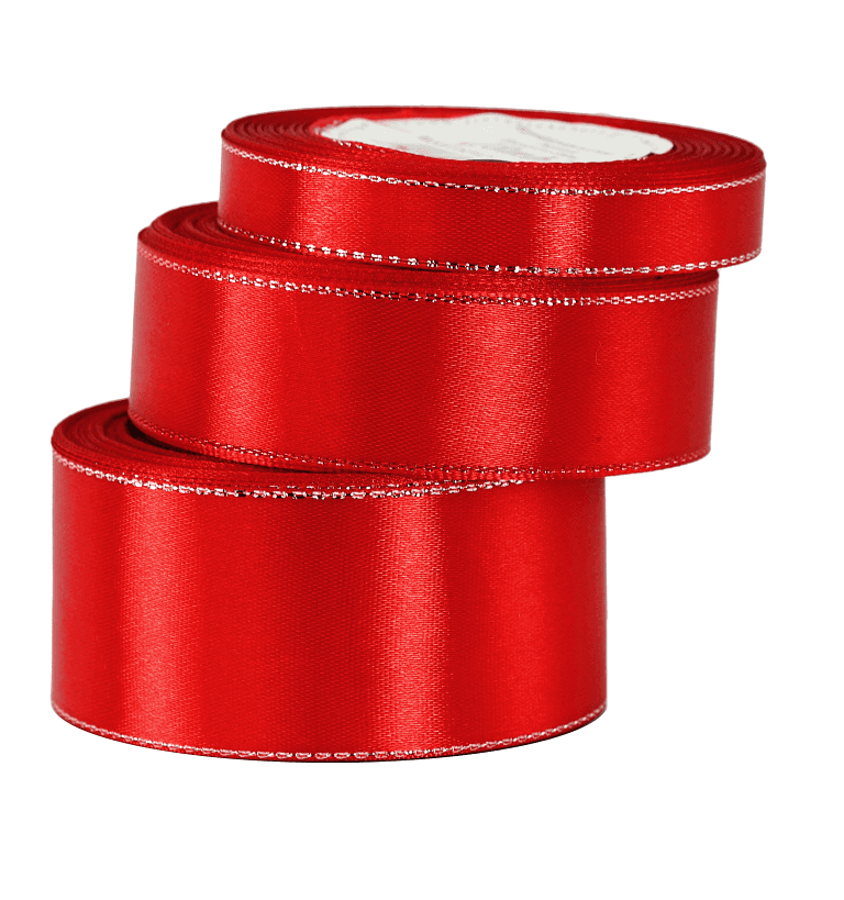 Wstążka satynowa srebrne pasy, 12mm/18mb, czerwona