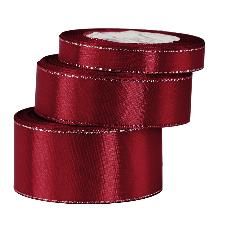 Wstążka satynowa srebrne pasy, 12mm/18mb, bordowa