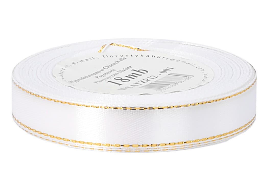 Wstążka satynowa złote pasy, 12mm/18mb, biała