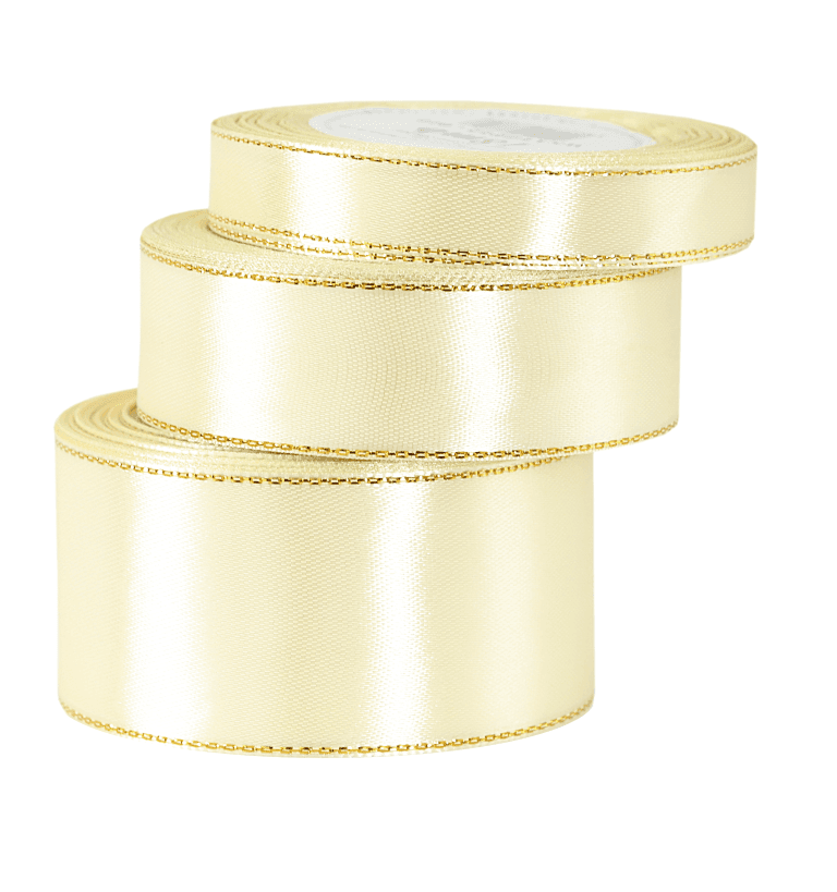 Wstążka satynowa złote pasy, 12mm/18mb, kremowa
