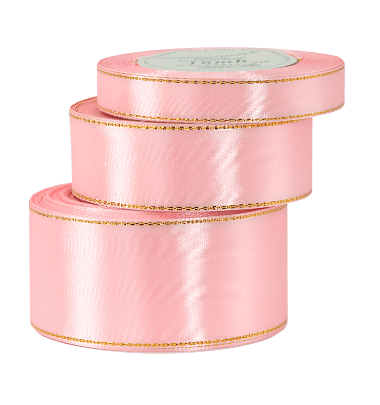 Wstążka satynowa złote pasy, 12mm/18mb średni róż