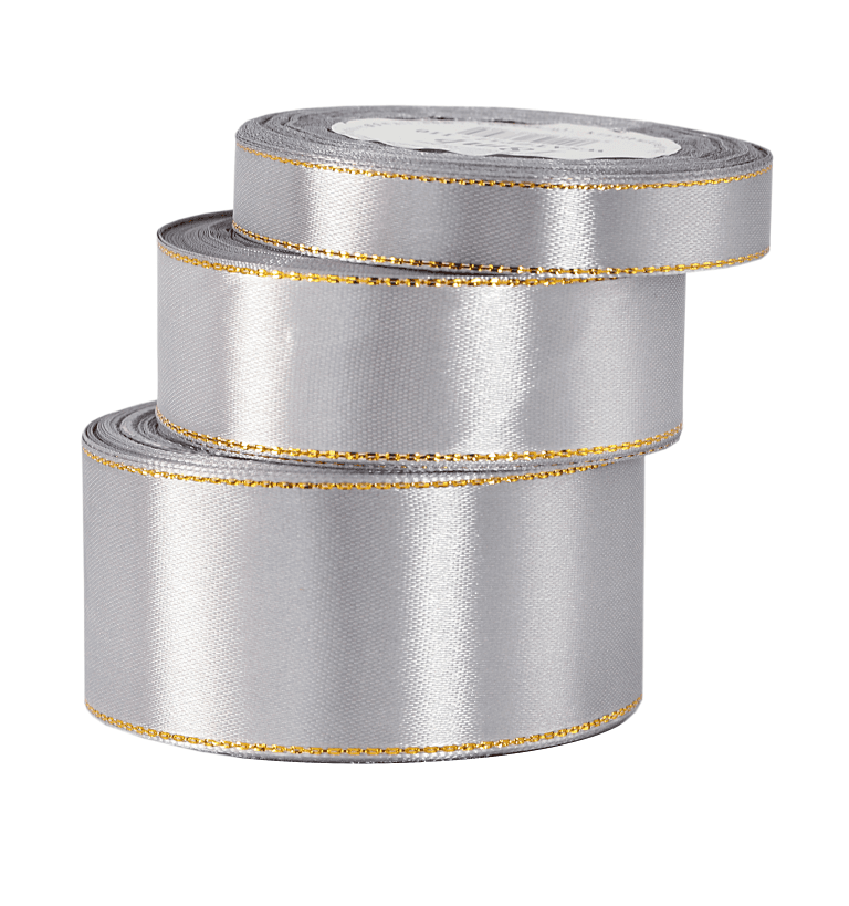 Wstążka satynowa złote pasy, 12mm/18mb, srebrna
