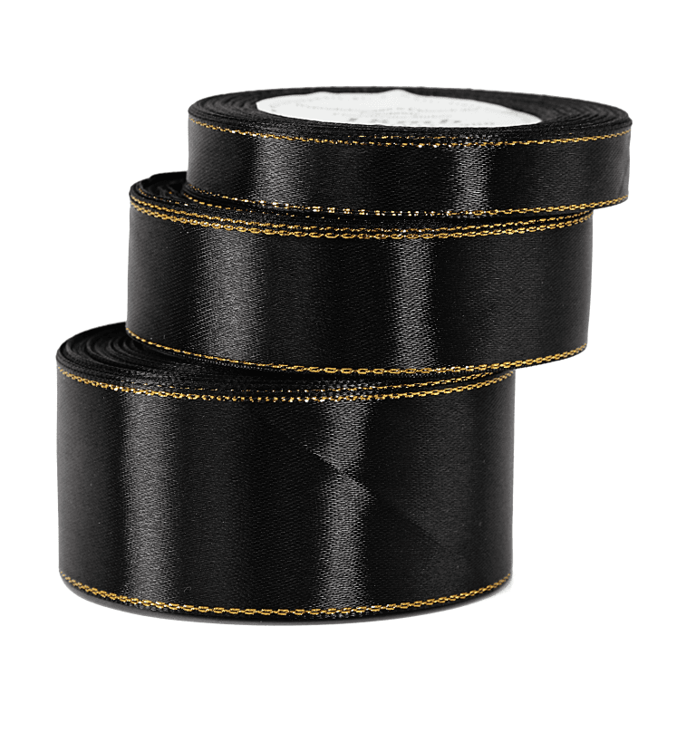 Wstążka satynowa złote pasy, 12mm/18mb, czarna