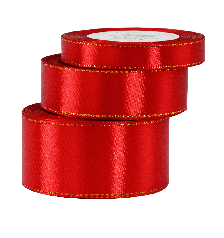 Wstążka satynowa złote pasy, 38mm/18mb, czerwona