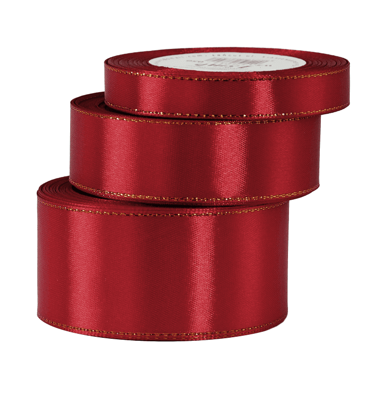 Wstążka satynowa złote pasy, 38mm/18mb, c.czerwona
