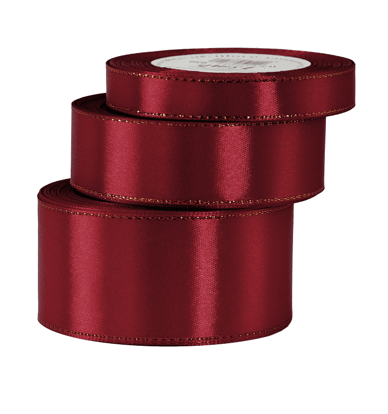 Wstążka satynowa złote pasy, 38mm/18mb, bordowa