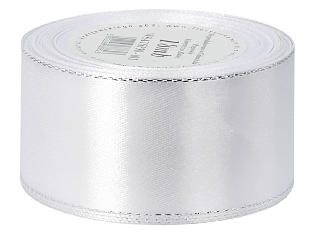 Wstążka satynowa srebrne pasy, 38mm/18mb, biała