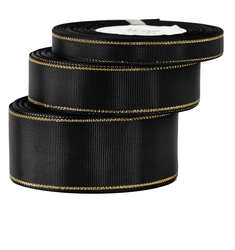 Wstążka rypsowa w złote pasy, 12mm/18mb, czarna