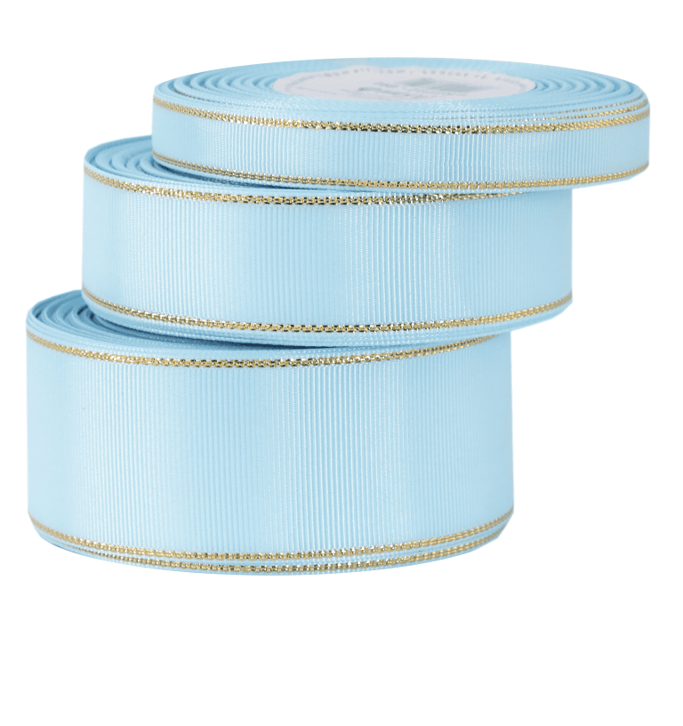 Wstążka rypsowa w złote pasy, 12mm/18mb, błękitna