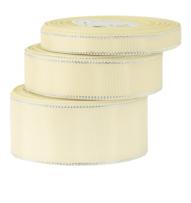 Wstążka rypsowa w srebrne pasy, 25mm/18mb, kremowa