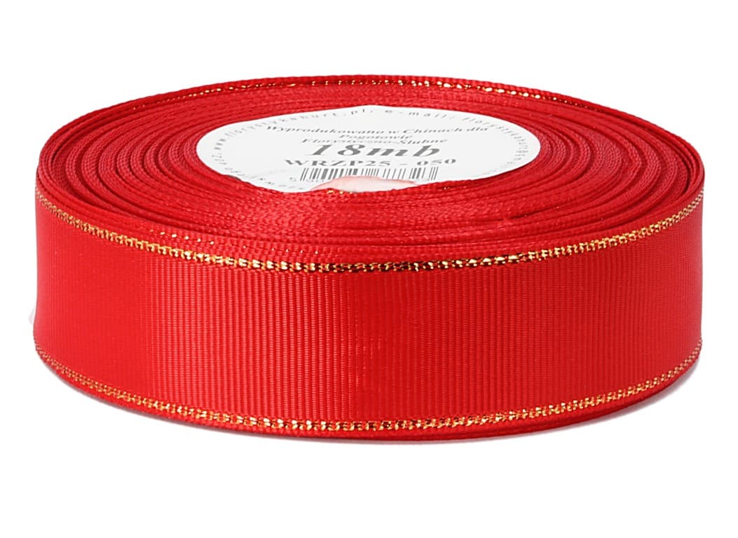 Wstążka rypsowa w złote pasy, 25mm/18mb, czerwona