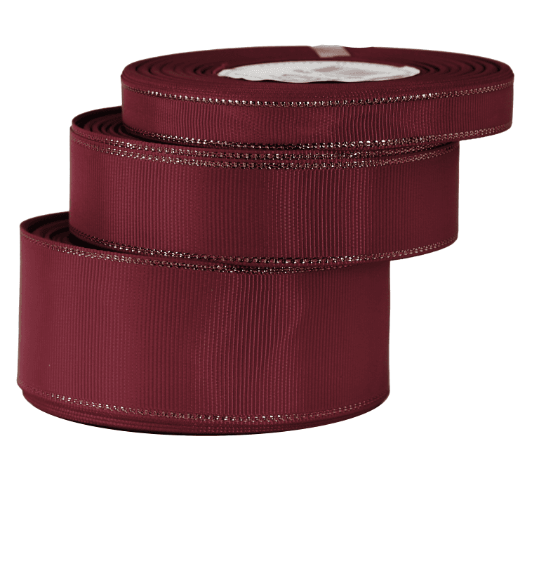 Wstążka rypsowa w złote pasy, 25mm/18mb, bordowa
