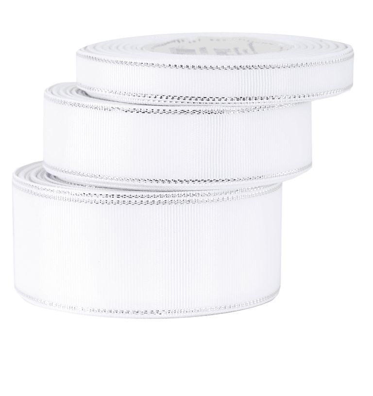 Wstążka rypsowa w srebrna pasy, 38mm/18mb, biała