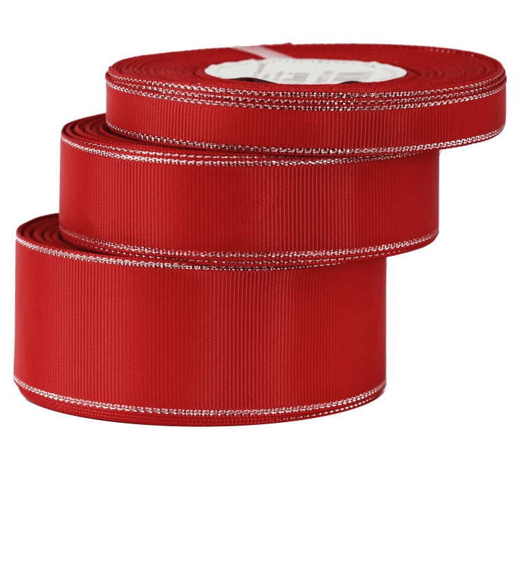 Wstążka rypsowa w srebrna pasy 38mm/18mb, czerwona
