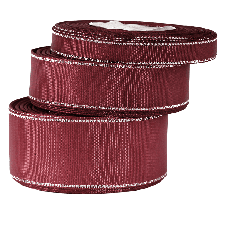 Wstążka rypsowa w srebrna pasy 38mm/18mb, bordowa